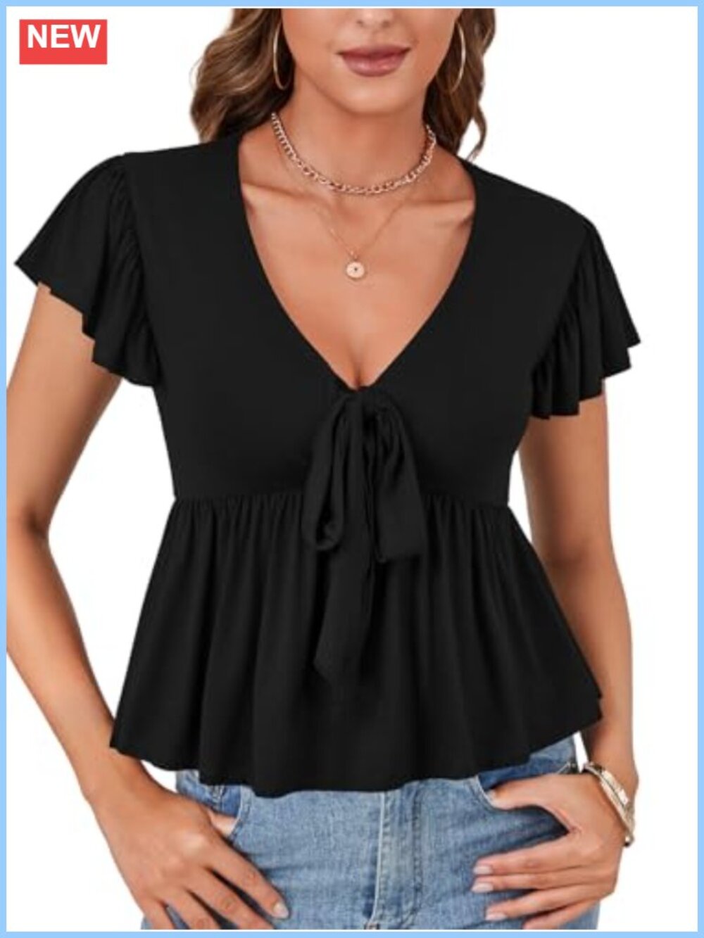 Women's Deep V Neck Tie Knot Ruffle Hem Peplum Blouse Short Sleeve Wrap Top